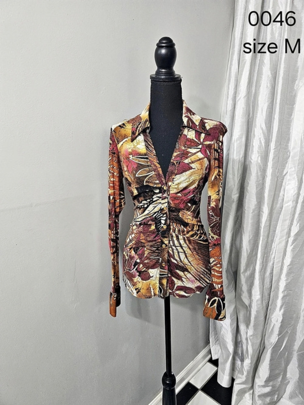 Abstract Print Sheer Blouse in Brown & Orange Size Medium Like New